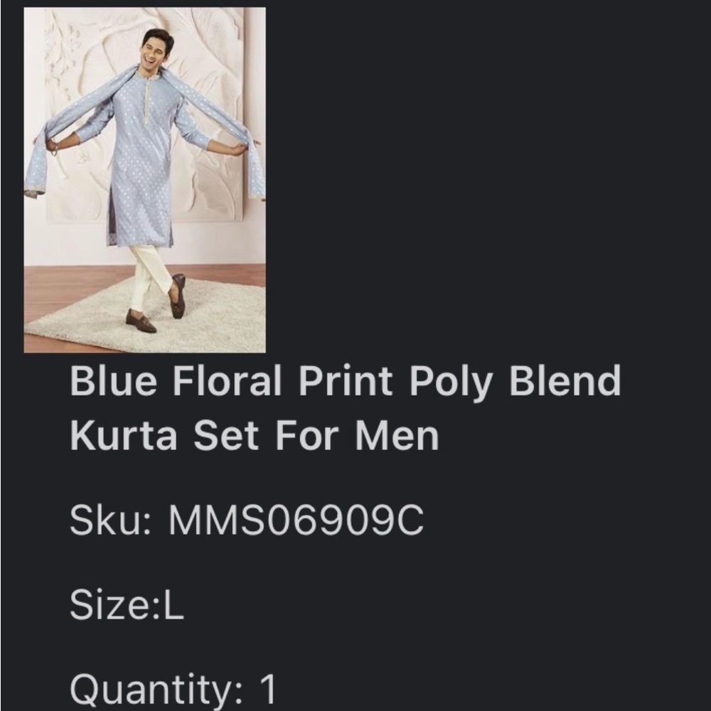 Blue Floral Print Poly Blend Kurta Set for Men